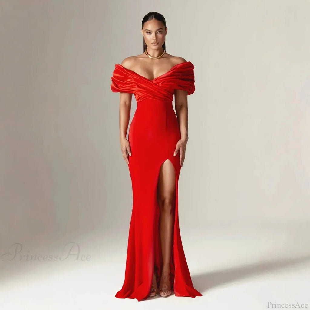 Off Shoulder Ruched Slit Satin Maxi Prom Dress