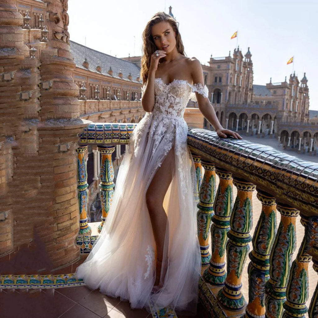 Off-Shoulder Sheer A-Line Wedding Dress