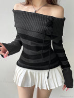 Off Shoulder Slim Knitted Striped Sweater