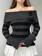Off Shoulder Slim Knitted Striped Sweater