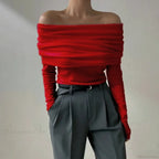 Off-Shoulder Slim Long Sleeve Pleated Sweater