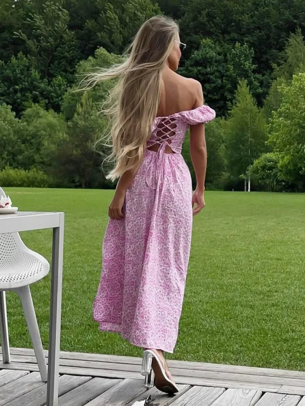 Off-Shoulder Slit Floral Dress