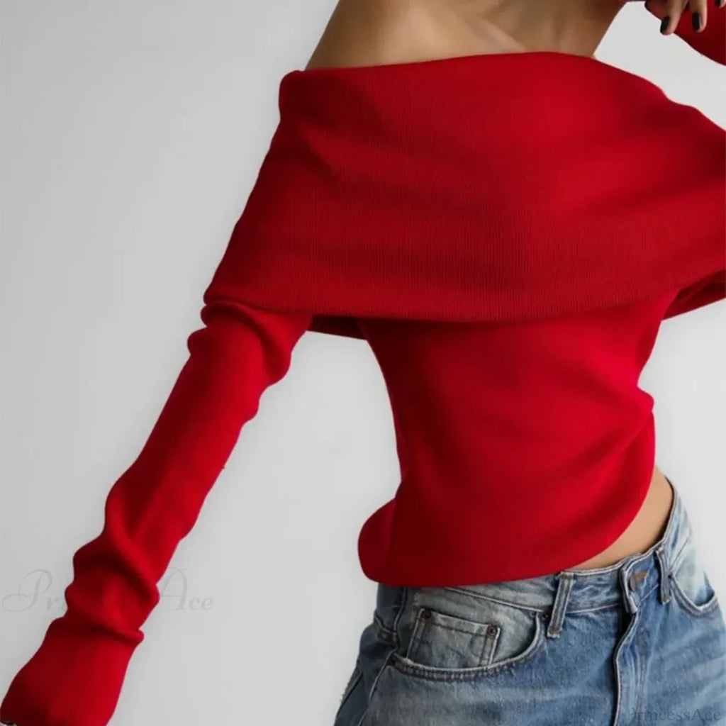 Off-Shoulder Solid Long Sleeve Knitted Sweater