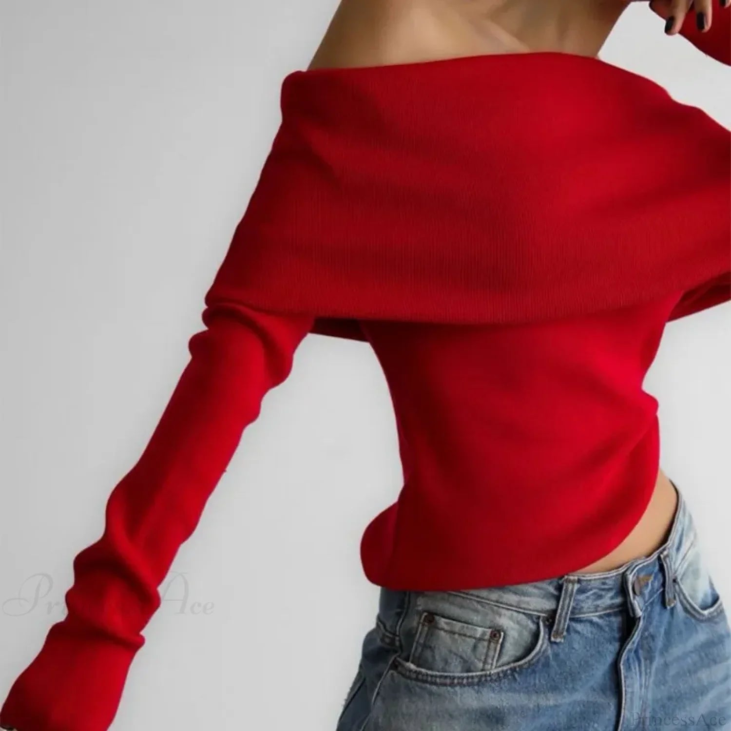 Off-Shoulder Solid Long Sleeve Knitted Sweater