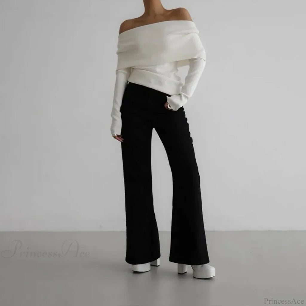 Off-Shoulder Solid Long Sleeve Knitted Sweater