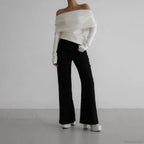 Off-Shoulder Solid Long Sleeve Knitted Sweater