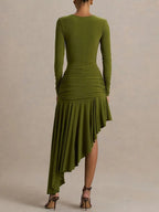 Olivia Asymmetric Ruched Midi Dress