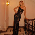 One Shoulder Mesh Maxi Party Dress