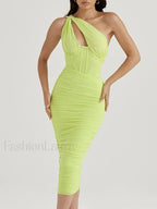 One-Shoulder Mesh Midi Dress