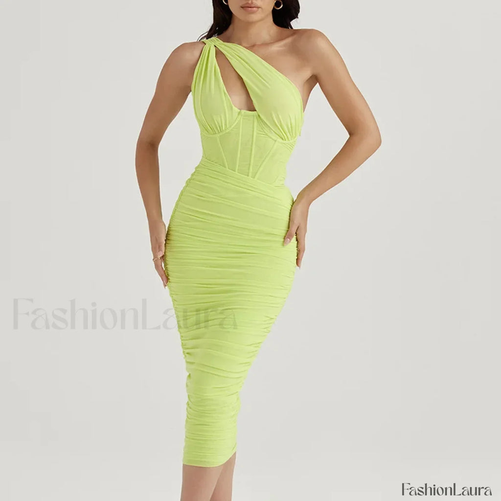 One-Shoulder Mesh Midi Dress