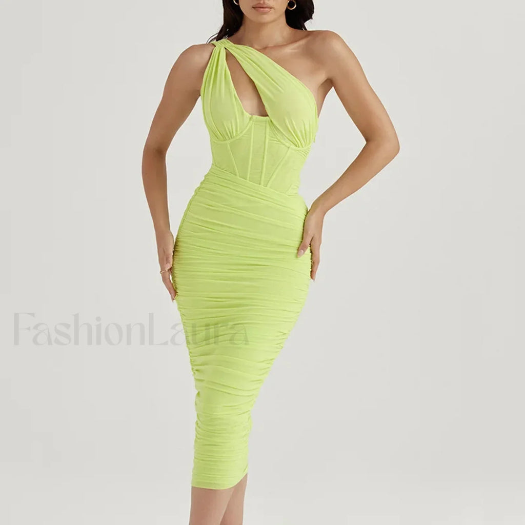 One-Shoulder Mesh Midi Dress