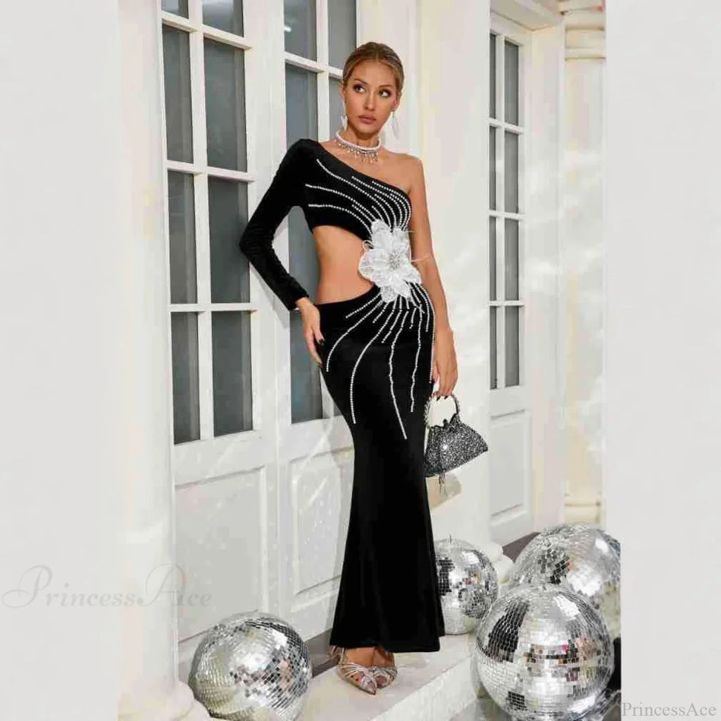 One Shoulder Pearl Embellished Elegant Prom Dress