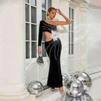 One Shoulder Pearl Embellished Elegant Prom Dress