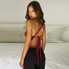 One Shoulder Solid Color Lace-Up Irregular Short Crop Top