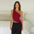 One Shoulder Solid Color Lace-Up Irregular Short Crop Top