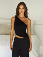 One Shoulder Solid Color Lace-Up Irregular Short Crop Top