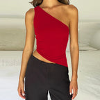 One Shoulder Solid Color Lace-Up Irregular Short Crop Top