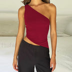 One Shoulder Solid Color Lace-Up Irregular Short Crop Top