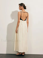 Beige Open Back Contrast Pocket Long Dress
