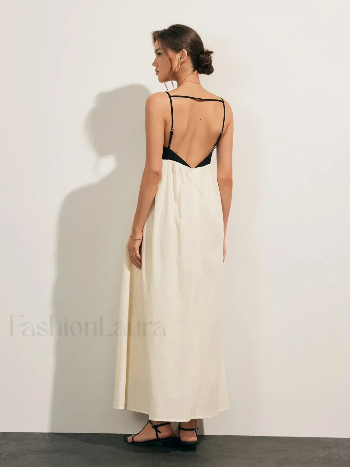 Beige Open Back Contrast Pocket Long Dress
