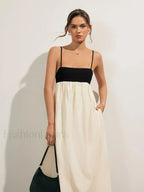 Beige Open Back Contrast Pocket Long Dress
