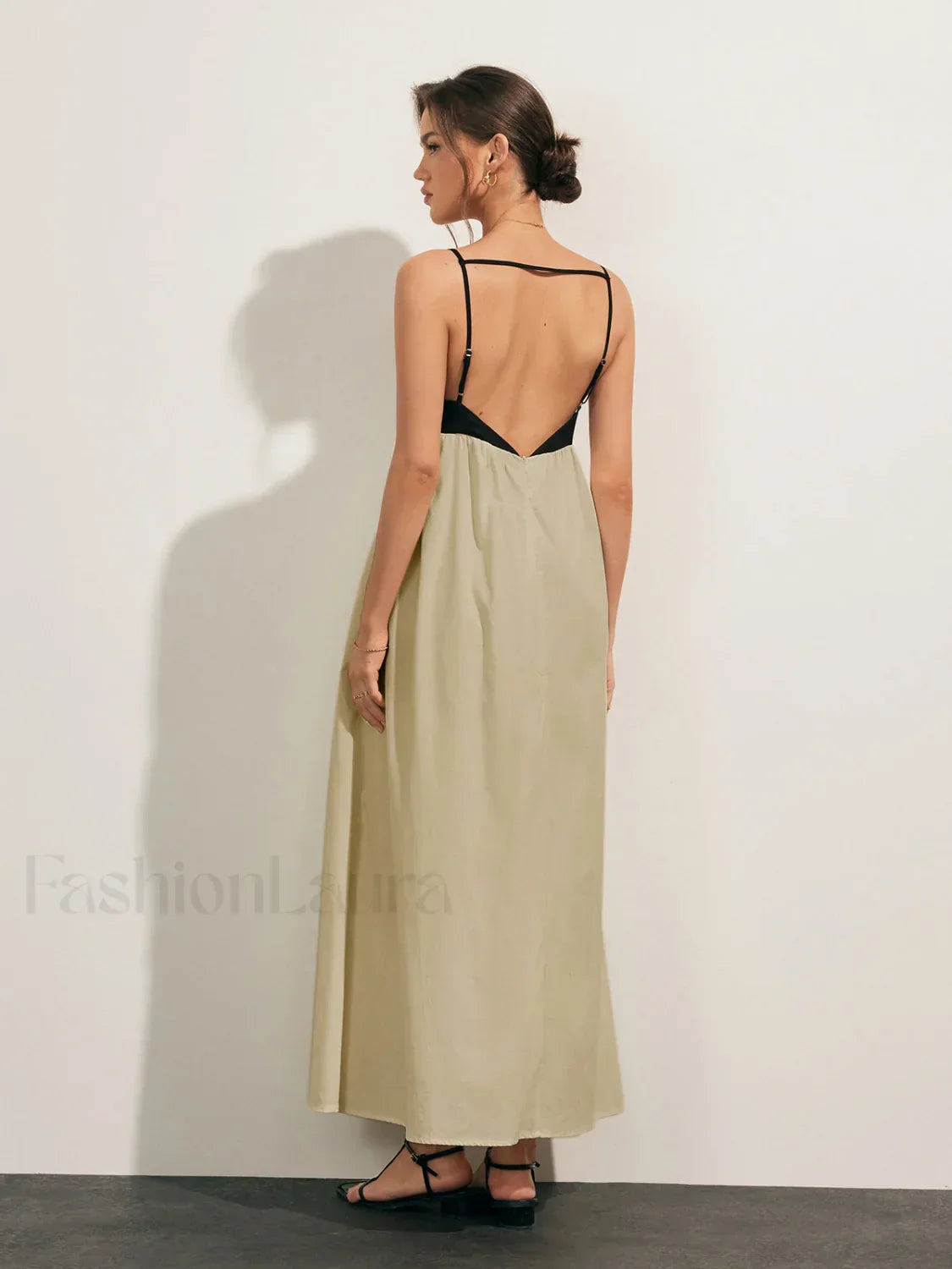 Beige Open Back Contrast Pocket Long Dress