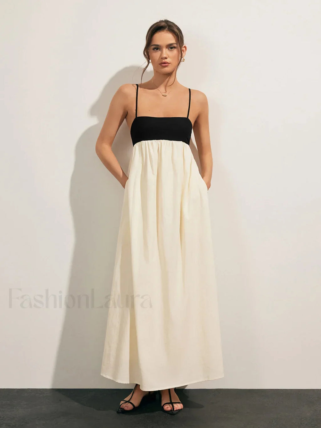 Beige Open Back Contrast Pocket Long Dress