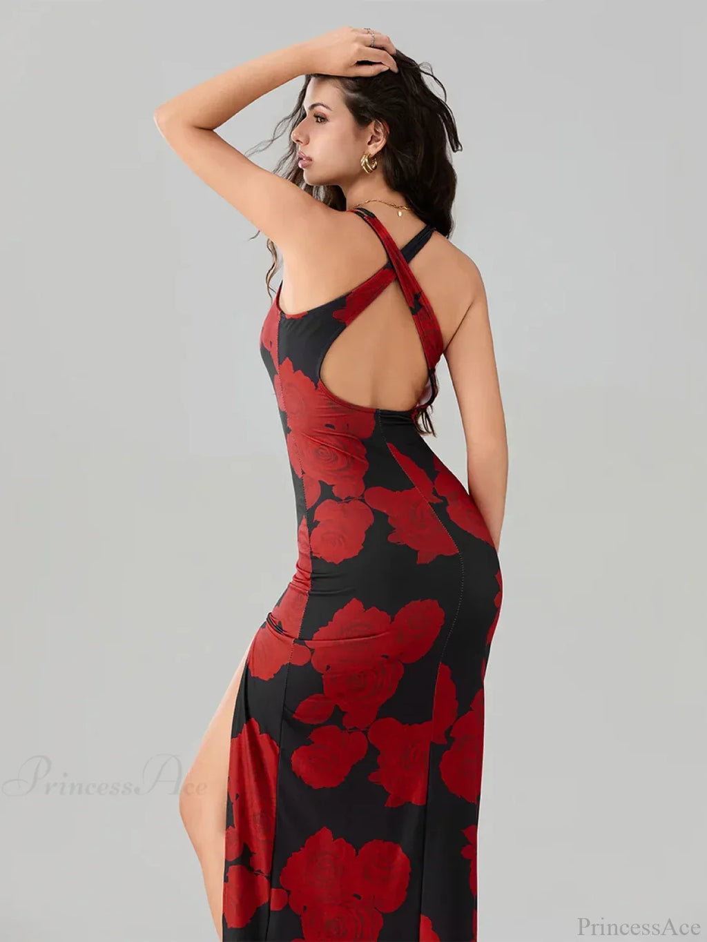 Open Back High Split Floral Print Bodycon Cami Club Floral Dress