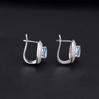 Blue Topaz Halo Cluster Stud Earrings with Clear Cubic Zirconia