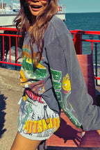 Oversized Sequin Print Retro Slouchy Long Sleeve Tee