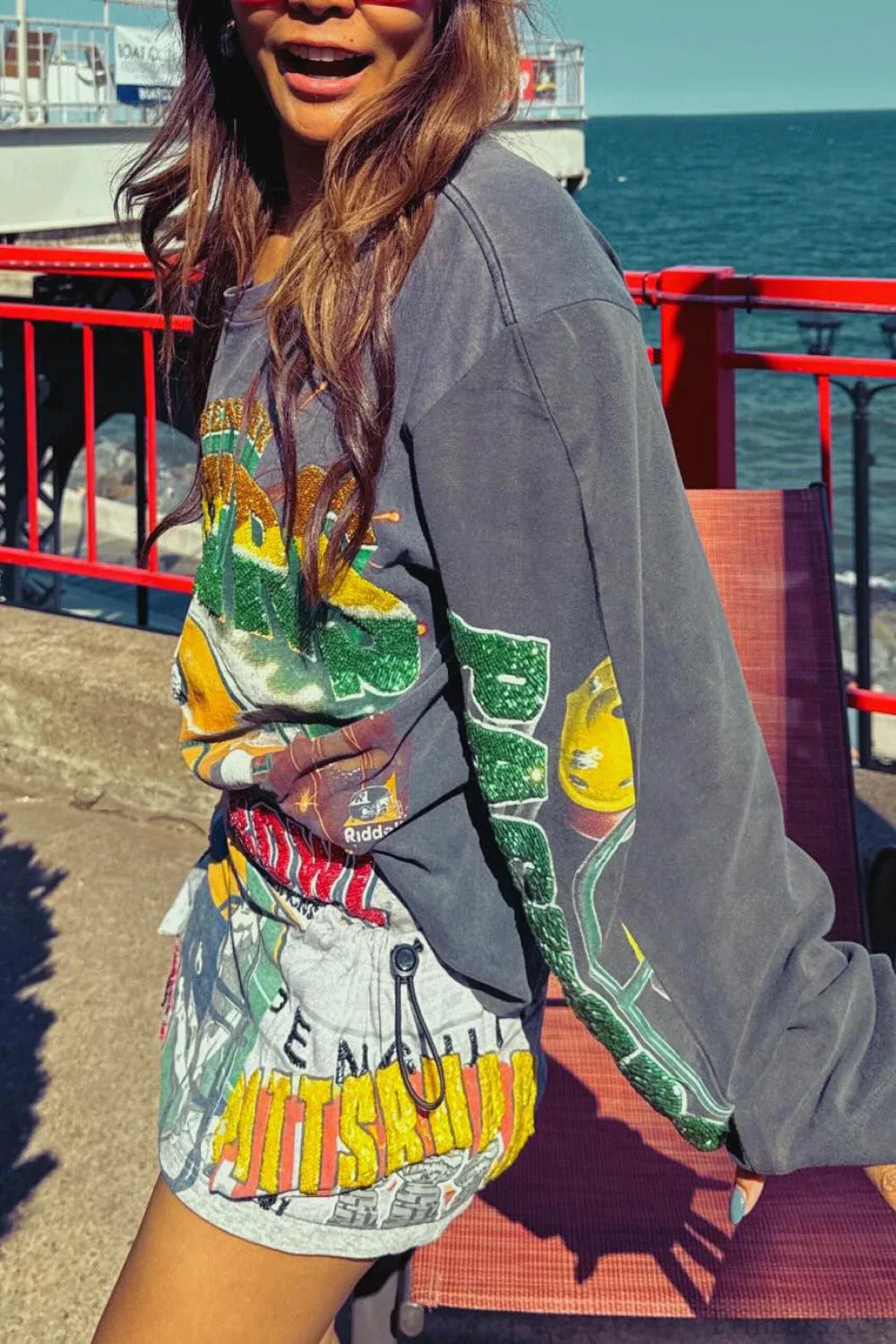 Oversized Sequin Print Retro Slouchy Long Sleeve Tee