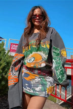 Oversized Sequin Print Retro Slouchy Long Sleeve Tee