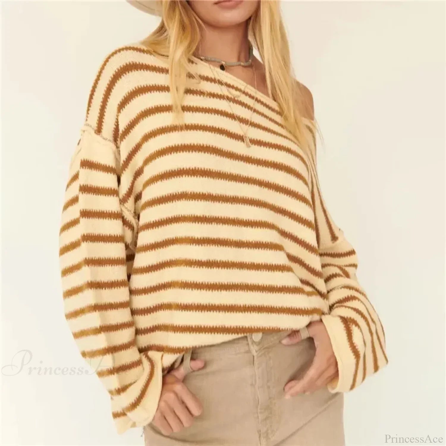 Oversized Striped V-Neck Color Block Knit Sweater Knit Top