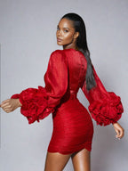 Metallic Wrap V-Neck Ruched Long Sleeve Rosette Cuff Bodycon Mini Dress