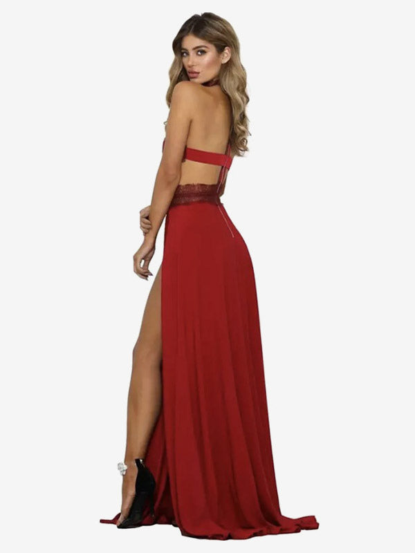 Sexy Maxi Dress Lace Sleeveless Crewneck High-Slit Prom Birthday Party Dress