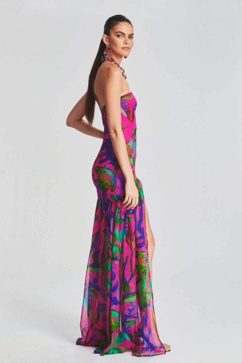 Isis Elevated Strapless Maxi Dress with Slit and Print Statement Occasion Edit