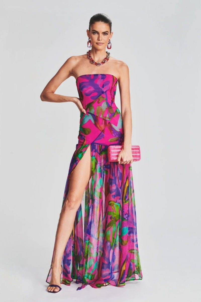 Isis Elevated Strapless Maxi Dress with Slit and Print Statement Occasion Edit