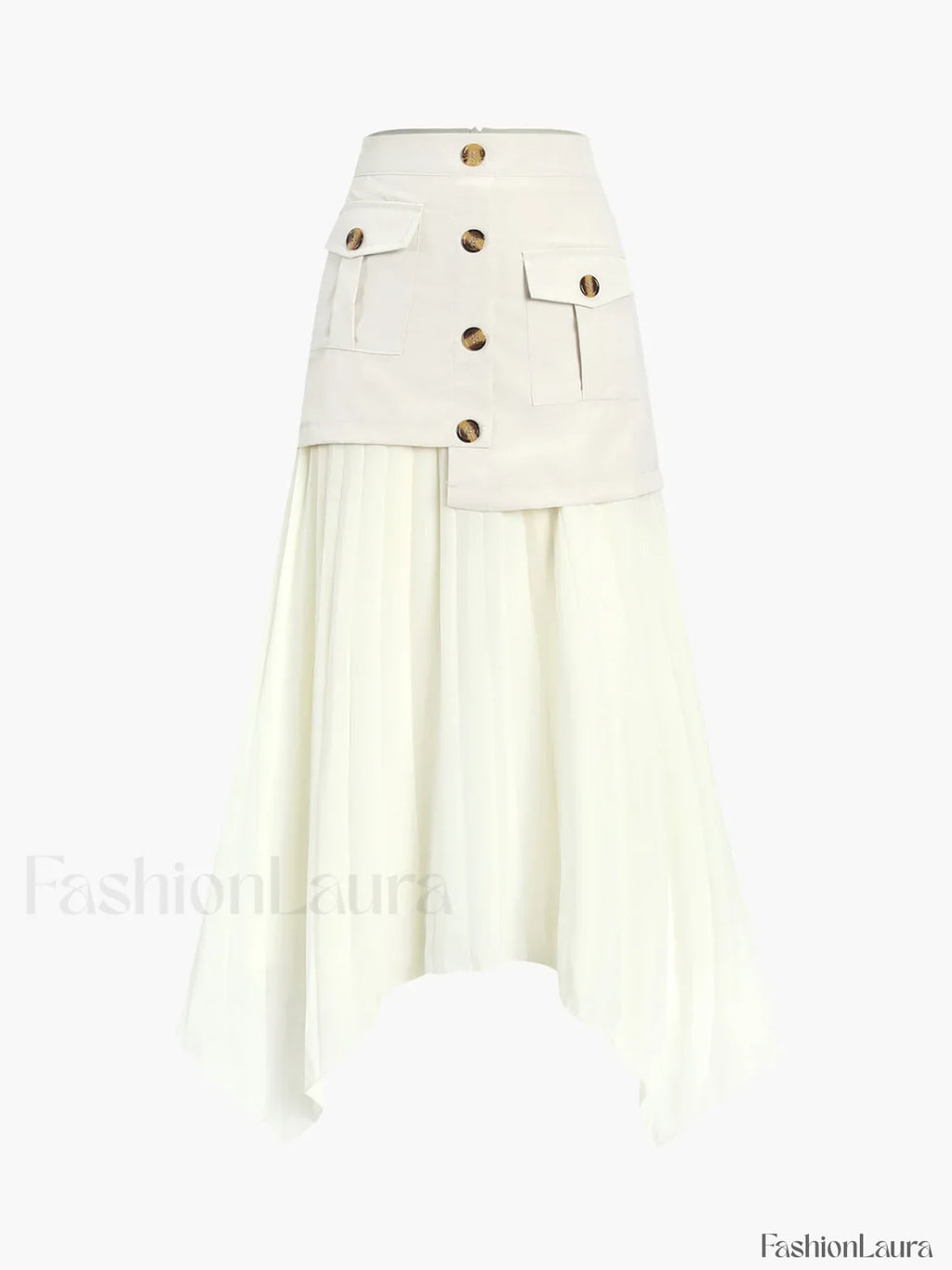 Patchwork Asymmetrical Pleated Buttoned Midi Skirt