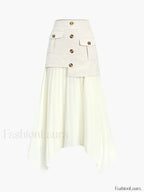 Patchwork Asymmetrical Pleated Buttoned Midi Skirt