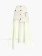 Patchwork Asymmetrical Pleated Buttoned Midi Skirt