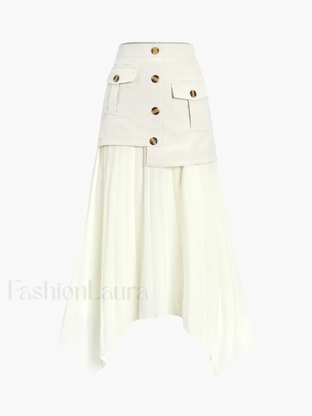 Patchwork Asymmetrical Pleated Buttoned Midi Skirt