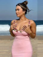 Pink Patchwork Strapless Midi Dress