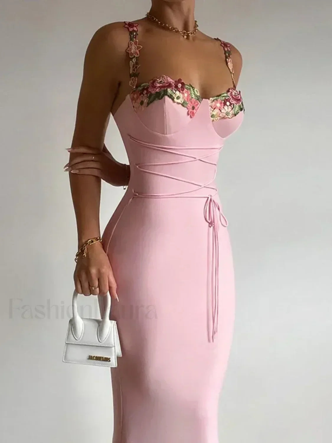 Pink Patchwork Strapless Midi Dress