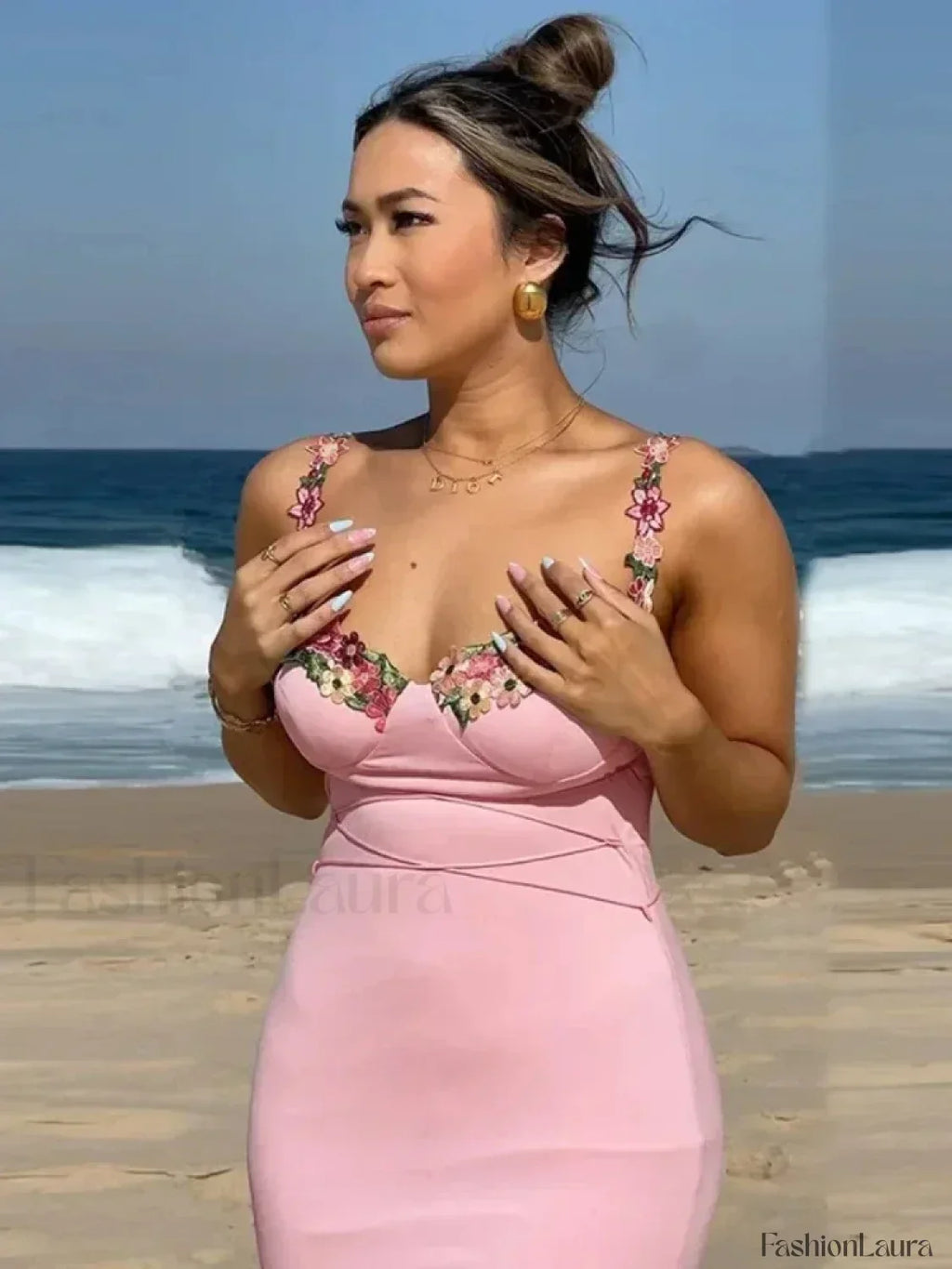 Pink Patchwork Strapless Midi Dress