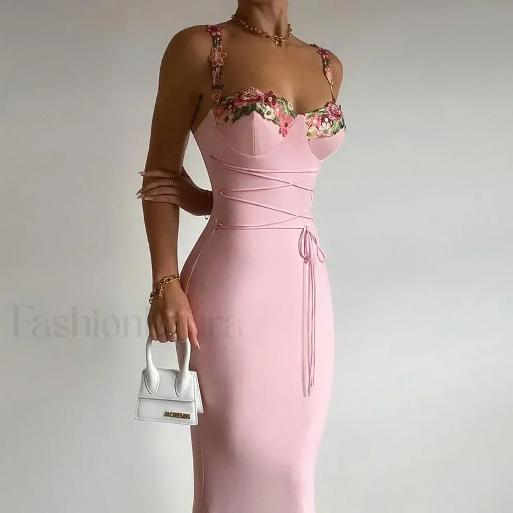 Pink Patchwork Strapless Midi Dress