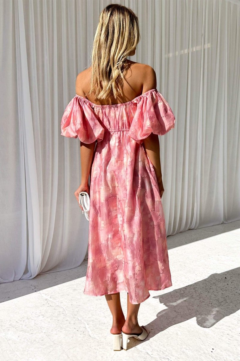 Emilia Chic Off the Shoulder Midi Dress with Puff Sleeves Premium Wardrobe Essential