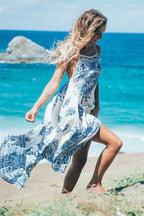 Peacock Floral Print Sleeveless Beach Bohemian Maxi Boho Dress