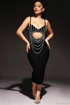 Pearl Beaded Spaghetti Strap Midi Party Dress