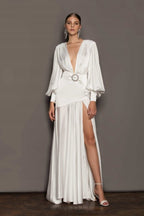 Tatiana Effortless V Neck Belted Slit Maxi Dress Premium Wardrobe Essential