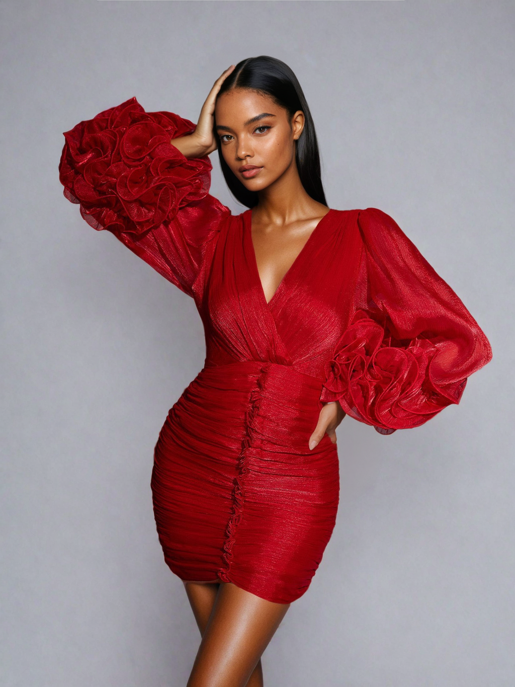 Metallic Wrap V-Neck Ruched Long Sleeve Rosette Cuff Bodycon Mini Dress